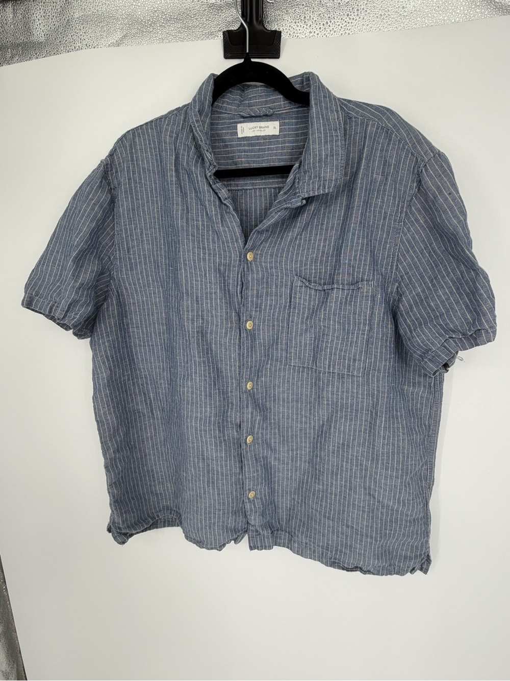 Lucky Brand Size XL Light Blue Striped Short-Sleeve Linen Shirt